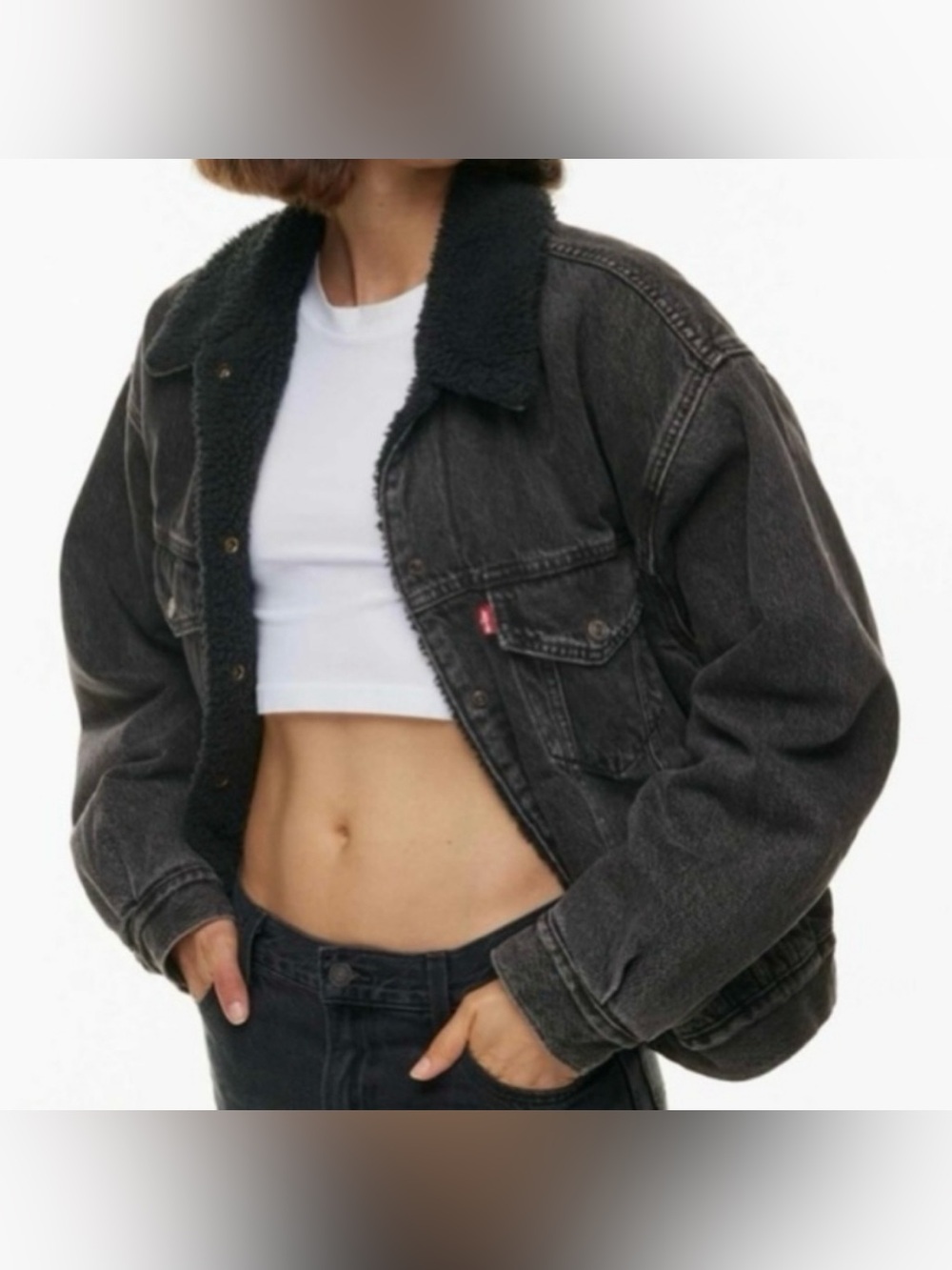 LEVI’S Premium Black Wash Sherpa Lined Denim Jean Jacket Size S